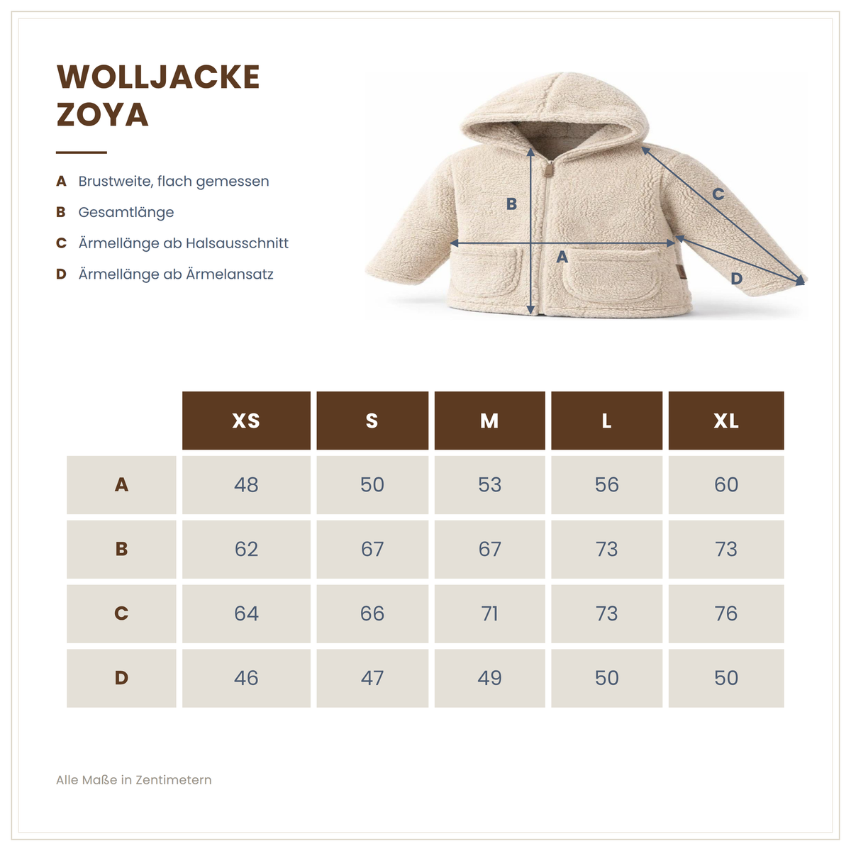Größentabelle Wolljacke Zoya – Maße in cm