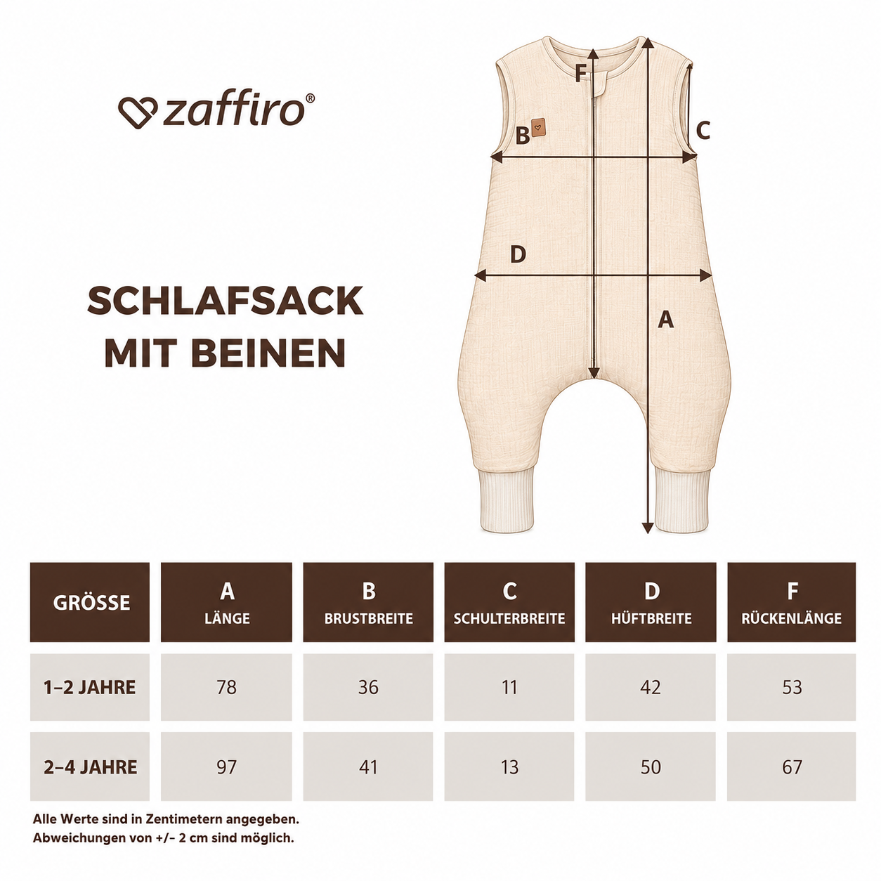 Maßtabelle Schlafsack mit Beinen