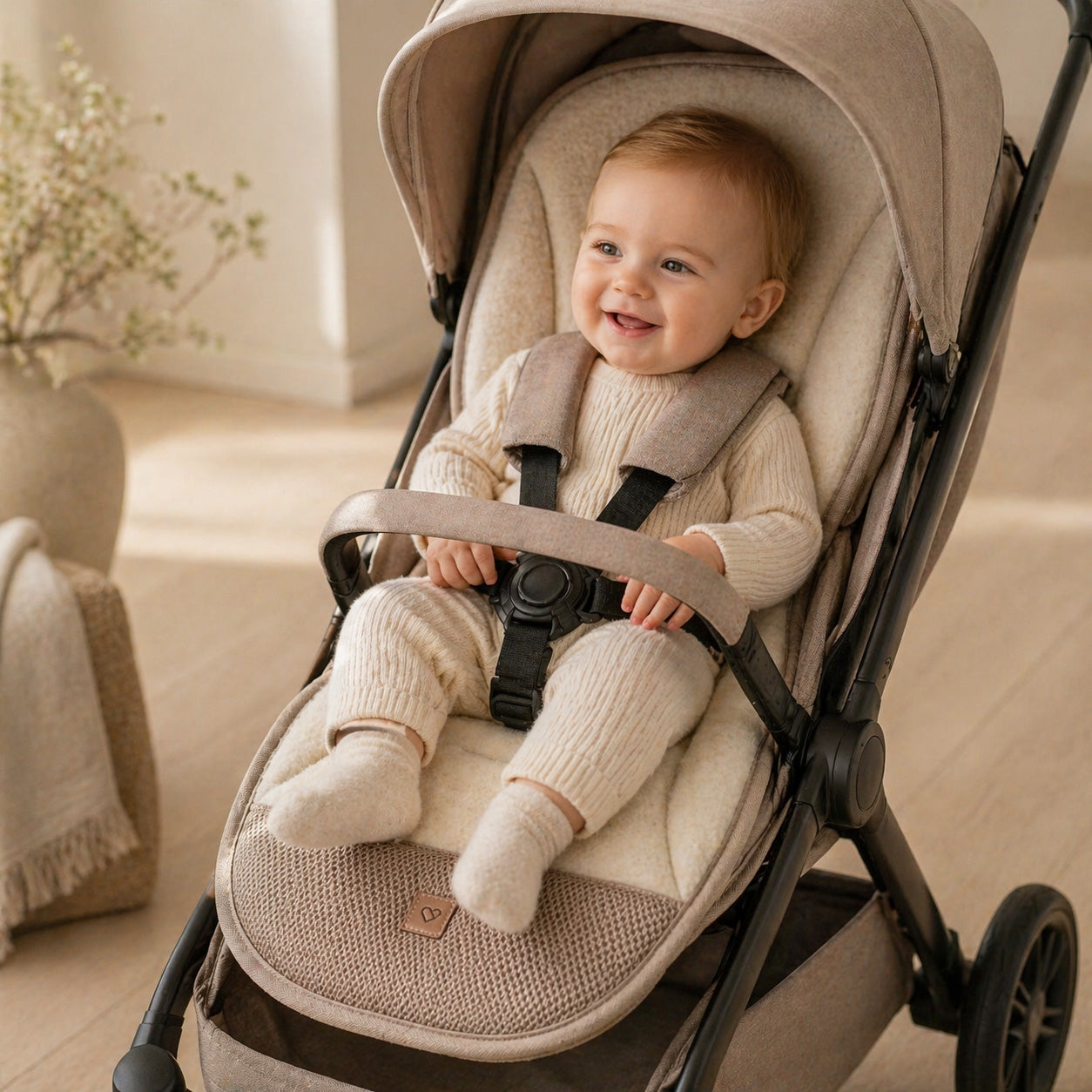 Sitzauflage Sierra, Beige – Woll-Sitzauflage für Kinderwagen