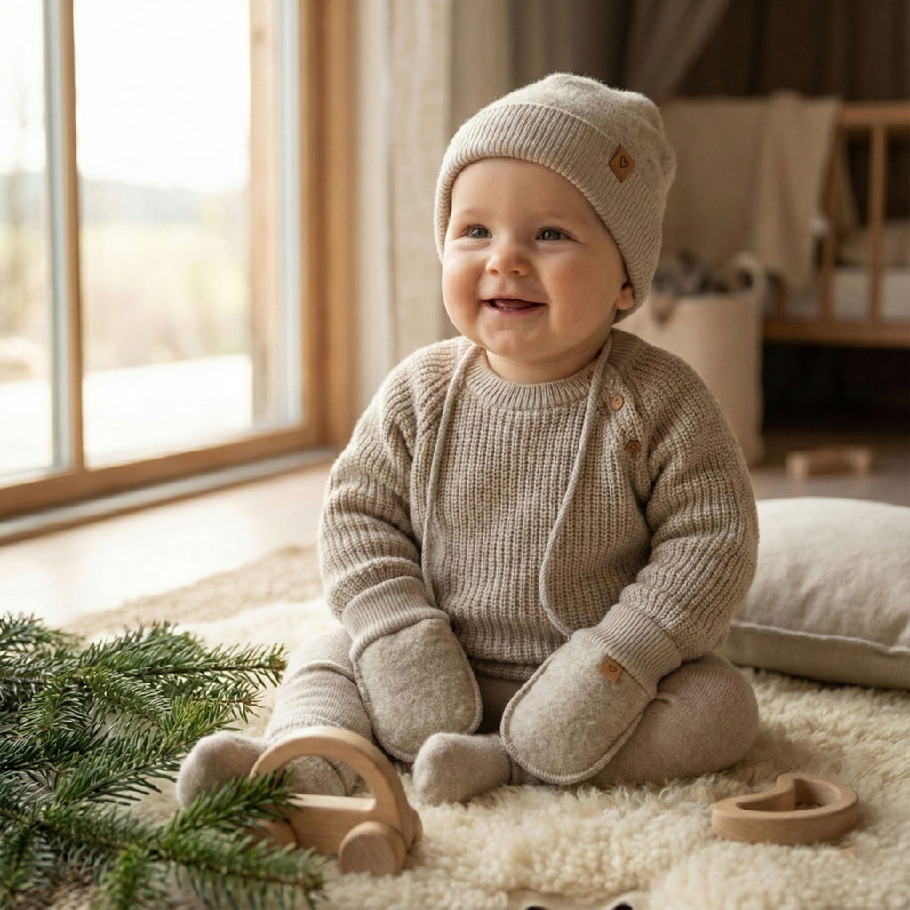 Wollfäustlinge Sierra, Beige – Detailansicht Wolle
